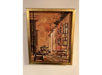 Mid-Century Trolly Street Scene Oil On Canvas Gold Tone Frame Signed