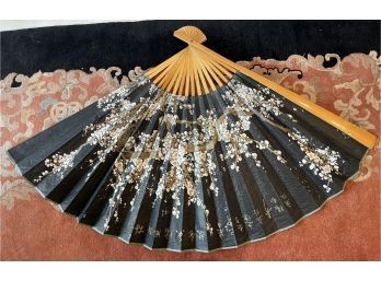 Vintage Hand Painted Paper And Wood Fan Japanese