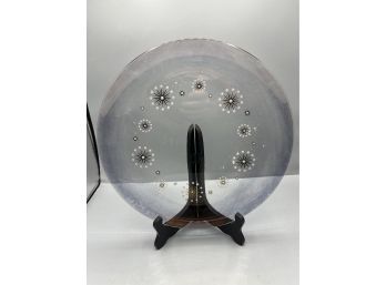 Mid-Century Modern Atomic Starburst Clear Smoke Glass Round Dish 11-1/2 Round