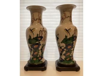 Pair Of Vintage Oriental Vases Floral Finch Bird Design With Wood Base