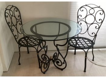 Vintage Bistro Cast Iron Glass Table And 2 Cast Iron Chairs