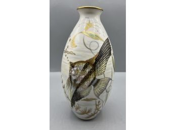 Signed Gold Rimmed Porcelain And Painted Vase With Angel Fish Under Water Pattern 9' H