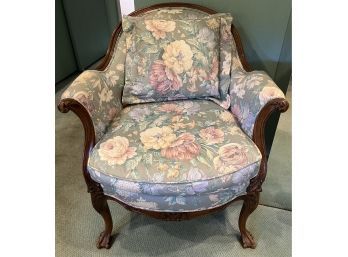 French Bergere Upholstered Floral Carved Armchair With Matching Accent Pillow