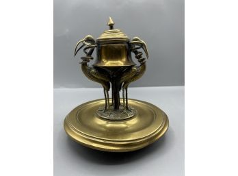Antique Gilt Bronze Inkwell With Cranes/herons