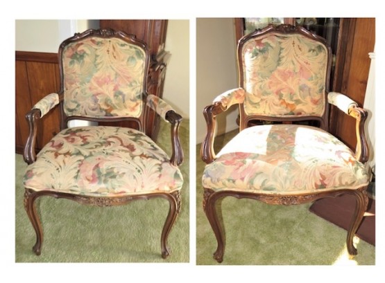 Louis XV Style Floral Fabric Upholstered Wood Arm Chairs - Set Of 2