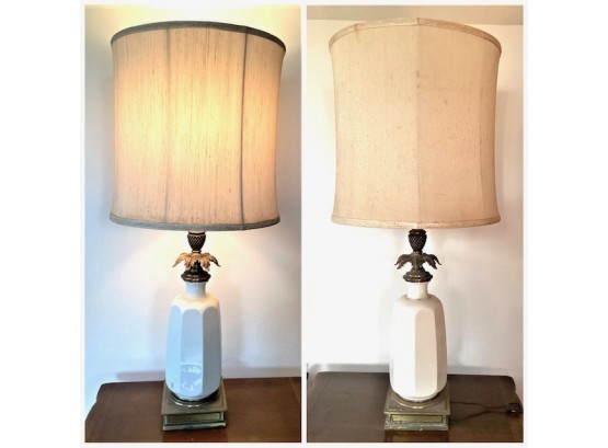 Stiffel, Lenox, Brass Table Lamps With Glass & Fabric Shades - Set Of 2/ One Needs Wire Repair