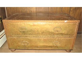 Sarreid Ltd. Hollywood Regency Campaign Style Brass Clad Two Drawer Chest Coffee Table - Spain