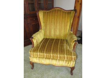 Gimbels New York Wood, Gold Striped Fabric Upholstered Arm Chair - Vintage