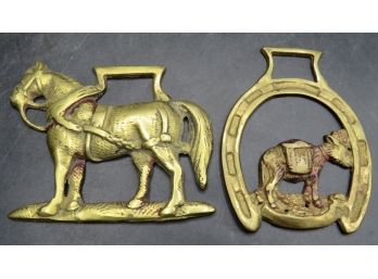 Brass English Horse & Horse Shoe Donkey Harness Amulet/medallion - Lot Of 2