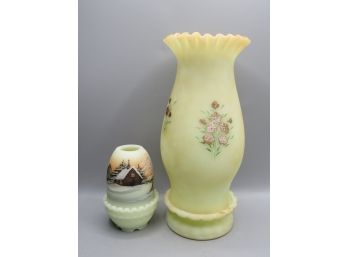 Vintage Fenton Glass Hurricane Candlestick Holder Custard & Fairy Lamp/Signed  - Lot Of 2