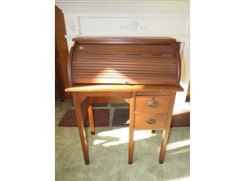 Children's Oak Roll-top Secretary Desk - Vintage With Brass Drawer Pulls