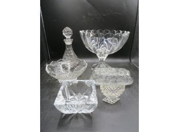Glassware - Decanter, Pedestal Bowl, Footed Bowl, Ashtray, Butter Dish, Small Footed Bowl - Lot  Of 6