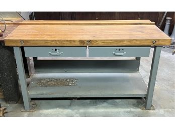 Metal Wood-top Work Bench With Two Drawers And Power Strip Attachment