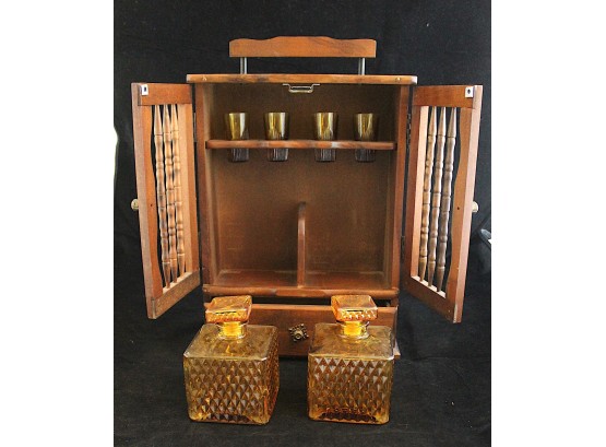 Compact Bar Cabinet With 2 Amber Glass Liquor Bottles & 4 Amber Glass Shot Glasses (084)