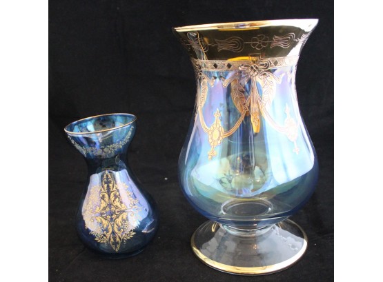 Pair Vintage J. Preziosi Vase, Lavorato A Mano, Iridescent Glass, Raised Gilt Designs (066)
