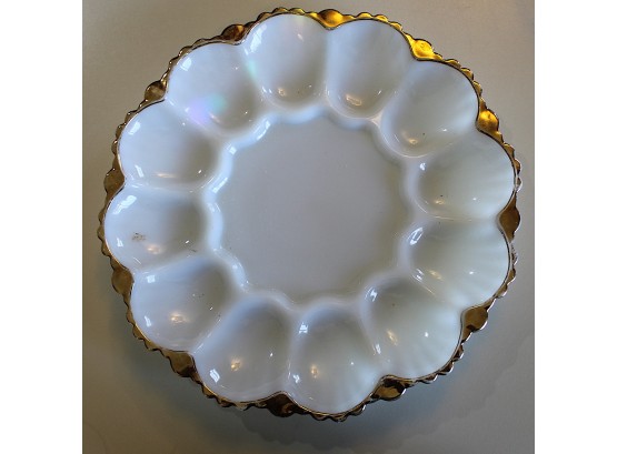 Vintage Anchor Hocking Gold Trimmed Milk Glass Deviled Egg Serving Plate / Tray(G101)