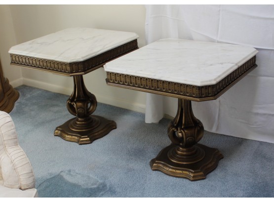 Pair Of Marble Top Tables With Wood Base (043)