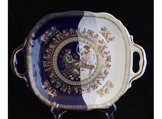 Vintage Grecian Design Dark Blue, 24 K Gold Trim Platter, Hand Made In Greece (055)
