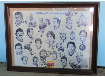 1977 Singed NY Islander Poster 3 Signatures Bobby Nystrom, Garry Hewitt, & Wayne Merrick (B20)