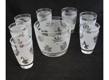 Vintage Libby Ice Bucket  Leaves On Frosted Glass Retro Mid Century With 6 Glasses (085)