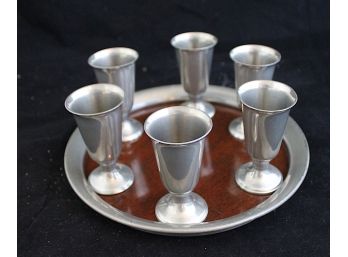 Vintage Round Formica Laminate Serving Tray With Silver Plated Trim & Six Cordial Cups(009)