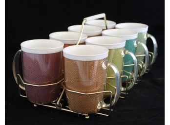 Vintage Complete Set Of 8 Vintage Raffiaware Mugs In Carry Rack Cup Caddy Excellent Cond (G23)