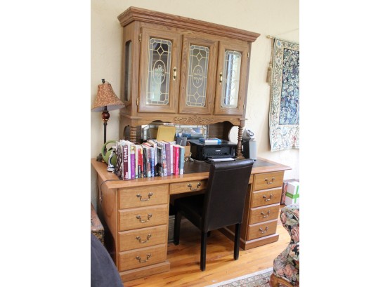 Modern Oak Desk With Lead Glass Door Hutch & Chair  (203)