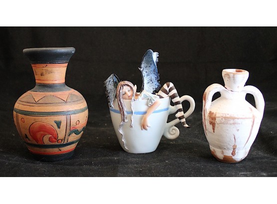 Two Pottery Jars & One Fairy In A Cup (152)
