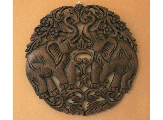 Round Carved Wood Elephant Love Sign Wall Decor. Tropical Home Decor. Wall Relief Panel Sculpture. (188)