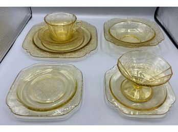 Federal Co. Amber Glass Madrid Pattern Tableware Set - 7 Pieces Total