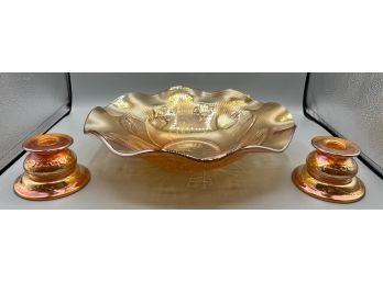 Jeanette Glass Co. Iris & Herringbone Bowl And Candlestick Holder Set - 3 Pieces Total