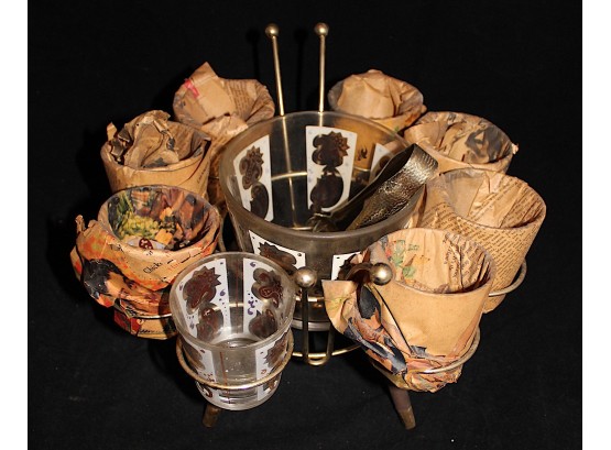 Cool Mid-Century Vtg Barware  Set Ice Bucket 8 Glasses  & Stand (159)