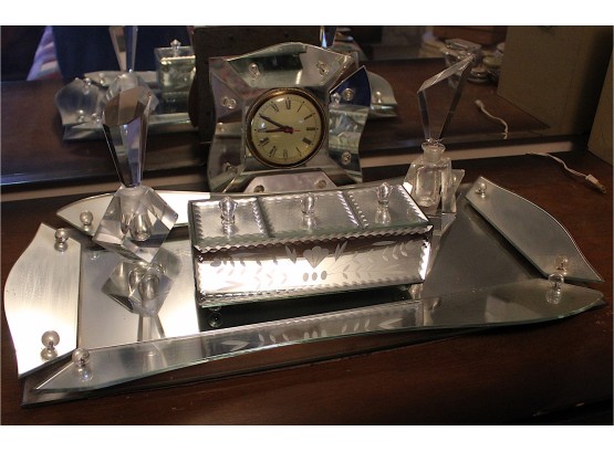 Mirrored Vanity Set With Vanity Tray, 2 Perfume Bottles, Trinket Box, & Gilbert Clock (006)