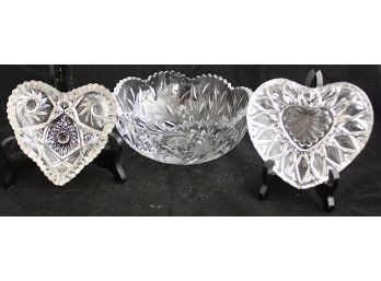 Pair Of Heart Shaped Cut Glass Candy Dishes & Cut Glass Bowl (149)