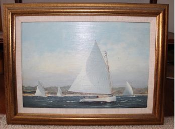 Beautiful Nautical Oil Of Sailboats With Gold Frame (04)