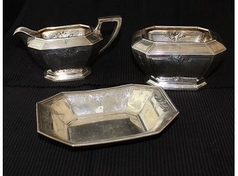 Gorham Sterling Silver Art Deco Sugar Bowl, Creamer, & Tray (106)