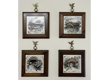 H & R Johnson Wooden Framed Decorative Tiles - 4 Total - Covered Bridges