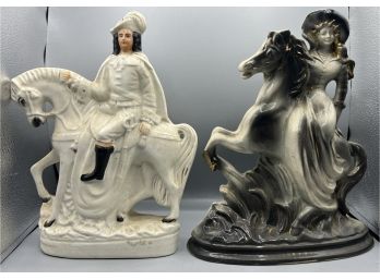Antique Staffordshire Ceramic Figurines - 2 Total - Cromwell / Annie Oakley Riding Horses