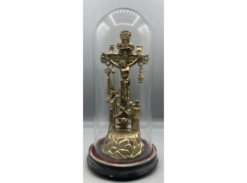 Brass-tone Crucifix With Glass Dome & Wooden Base