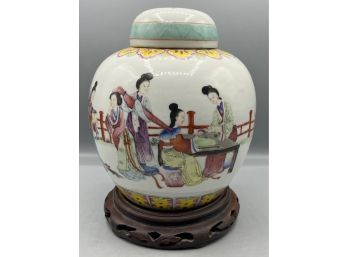Hand Painted Porcelain Chinese Ginger Jar With Wooden Stand