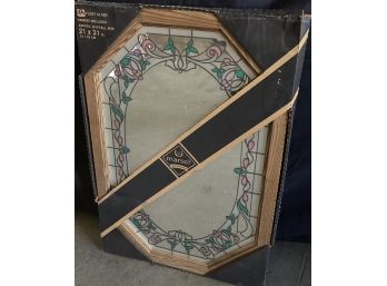 Vintage Wood Octagon Floral Glass Wall Mirror- New In Box