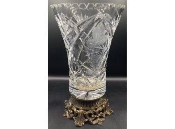 Ornate Brass Footed Embossed Glass Vase