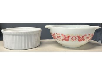 Vintage Pyrex Friendship Cinderella Mixing Bowl & Apilco Porcelain Souffl Dish  - 2 Pieces