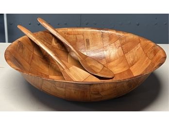Woven Wood Salad Bowl With Serving Utensils - 3 Pieces