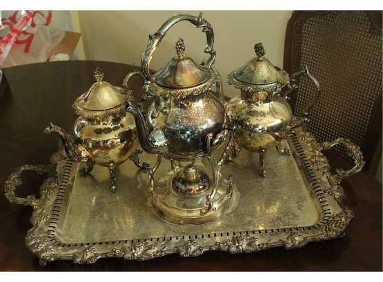 Three Piece Silver On Copper Tea Set With Serving Tray (R189)