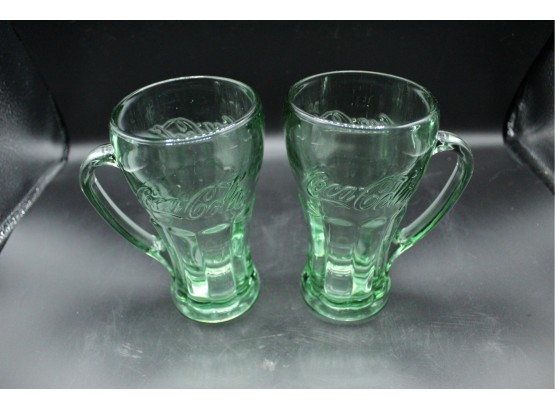 Two Coca Cola Green Glass Mugs (O017)