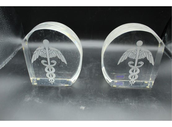 Two Glass Caduceus Etched Bookends (O061)