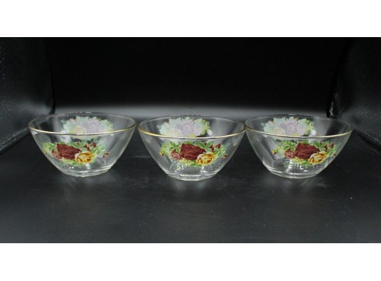Three Arcoroc France Glass Floral Themed Bowls (O186)