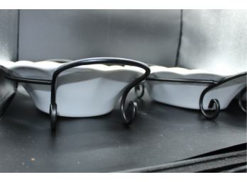 Two White Serving Trays With Black Metal Stands (O180)