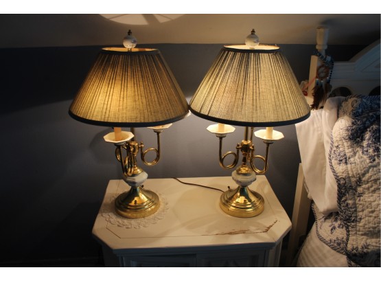 Two Brass And Porcelain Lamps With Blue Shades; Three Stage Dimmable Bulbs (122)